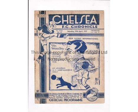 CHELSEA       Programme for the home League match v Arsenal 24/4/1937, slightly creased and ageing marks.    Generally good