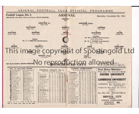 ARSENAL V MANCHESTER CITY 1936      Programme for the League match at Highbury 5/12/1936 in City's Championship season, stapl