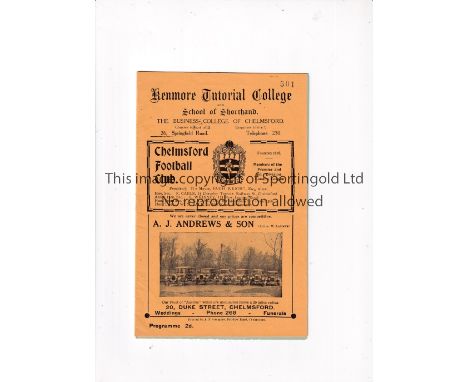 CHELMSFORD V LEYTONSTONE 1938       Programme for the Amateur Cup tie at Chelmsford  24/9/1938, staple removed.    Generally 