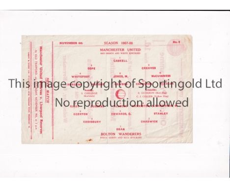 MANCHESTER UNITED      Single sheet programme for the home Lancs. Senior Cup tie v Bolton 6/11/1957, slightly creased.    Gen