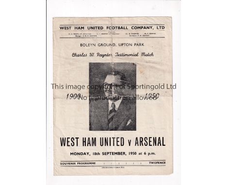 WEST HAM UNITED V ARSENAL 1950     Programme for the Paynter Testimonial at West Ham 18/9/1950, heavily folded in four.     F