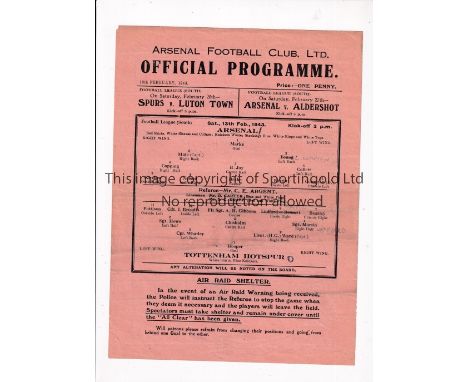 ARSENAL V TOTTENHAM HOTSPUR 1943     Single sheet programme for the home FL South match for Arsenal 13/2/1943, slightly creas