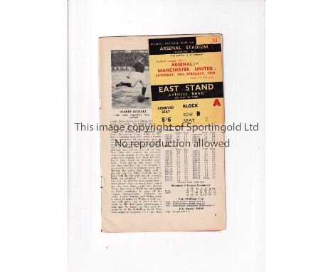 MANCHESTER UNITED     Programme and ticket for the away League match v Arsenal 28/2/1959. The ticket is stapled inside and ha