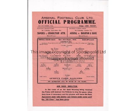 ARSENAL     Single sheet programme for the home FL South match v QPR 23/9/1944, slightly creased.    Generally good