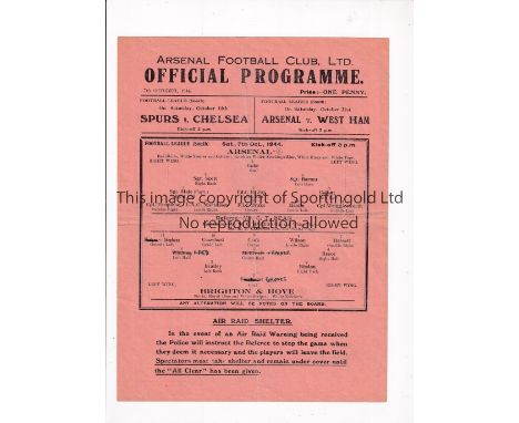 ARSENAL     Single sheet programme for the home FL South match v Brighton 7/10/1944, slightly creased and team changes.    Ge