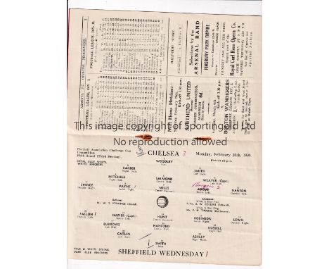ARSENAL       Home programme for the FA Cup 5th Round 2nd Replay tie at Highbury Sheffield Wednesday v Chelsea 20/2/1939. Lig