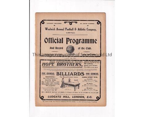 WOOLWICH ARSENAL V PRESTON NORTH END 1908      Programme for the League match at Woolwich 25/1/1908, ex-binder.     Generally