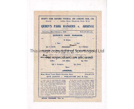 ARSENAL     Single sheet programme for the away London Cup tie v QPR 14/11/1942, folded in four and team changes.    Generall