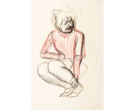 KARL HUBBUCH (1891 - 1979, Karlsruhe) Sitzende FrauFeder in Braun-Grün und Kreide in Schwarz und Rot auf dünnem Velin. Um 193