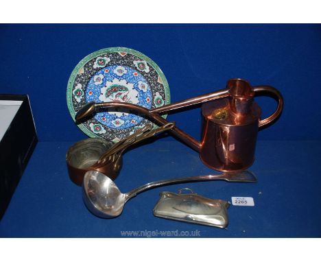 A copper and brass Watering Can, a set of small graduated copper and brass pans, Epns purse, ladle, etc