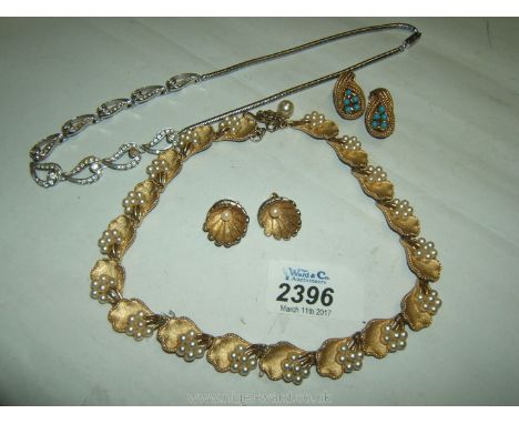 A vintage Necklace and earrings with pearl inlays, a diamante Necklace and a pair of vintage turquoise Earrings