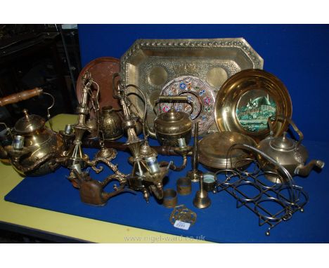 A good quantity of brass including kettles, large tray, smaller trays, three branch chandelier etc.