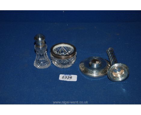 A Silver twist stem Candlestick (a/f), a Silver rimmed Salt and Silver topped Salts Bottle