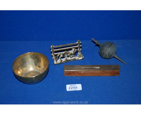 A vintage brass and wood spirit level 6'', a small decorated brass bowl, round ball finial and a brass fox and fence letter r