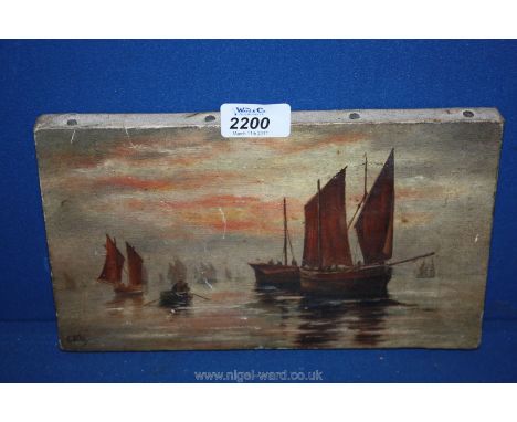 A small unframed Oil on canvas of a Seascape depicting sailing ships, initialled lower left E.M.E. 10 1/4'' x 6 1/4"