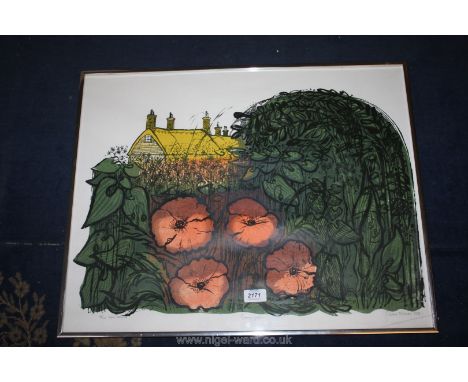A colourful signed limited edition Print of Poppies amongst foliage with cottage in the background entitled ''Country Garden'