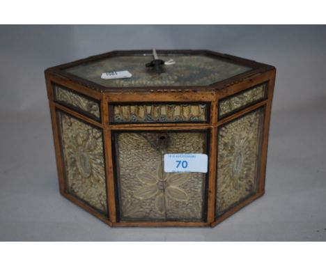 A George III period rolled paper or quillwork under glass panels hexagonal tea caddy.