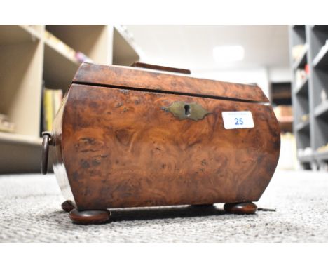 A fine Georgian Bombe chest form tea caddy having Walnut veneer case with Birds Eye Maple inner on bun feet with key. In very