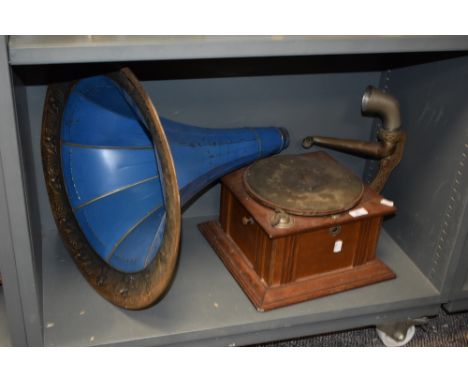 An early 20th century or late Victorian Gramophone shellac record player with original horn.