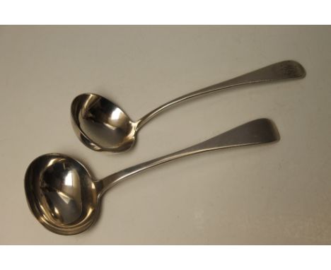 A HALLMARKED SILVER LADLE - LONDON 1797, maker's mark SG over EW, together with an early Victorian example - London 1853 make
