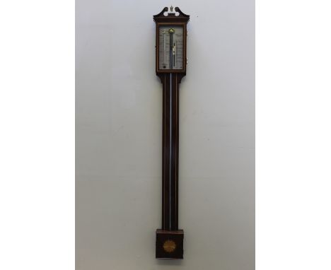 A MODERN MAHOGANY STICK BAROMETER BY 'RUSSELL OF NORWICH', with silvered angled register, inlaid case and hinged square ciste