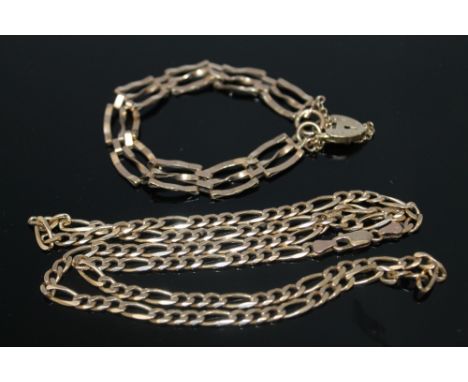 A 9CT GOLD FIGARO LINK 24" NECKLACE TOGETHER WTH A 9CT YELLOW GOLD GATE BRACELET, approx combined weight 27g
For shipping pri