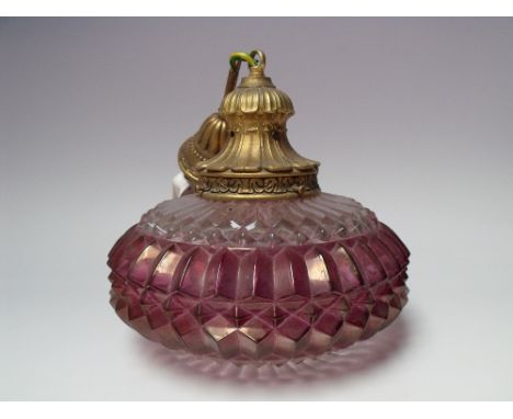 A MID 20TH CENTURY PENDANT CEILING LIGHT, with gilt metal mounts and pressed glass red and clear shade