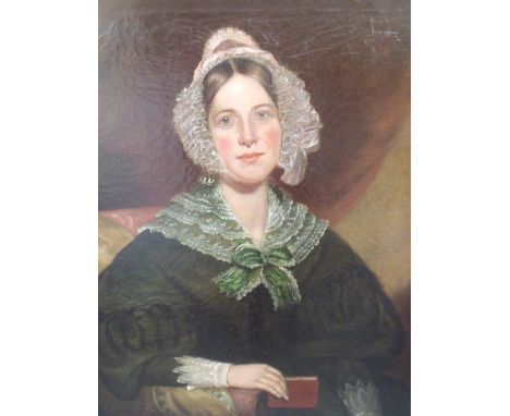 ENGLISH SCHOOL CIRCA. 1850 - PORTRAIT OF A LADY WEARING A BONNET, half-length, seated, oil on canvas, 74 x 54 cm