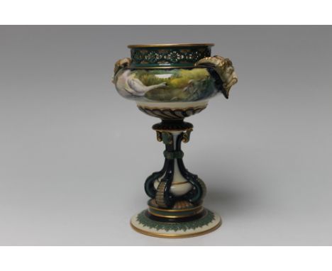 A ROYAL WORCESTER PIERCED RIMMED PEDESTAL VASE FOR HADLEY'S CHINA HAND PAINTED WITH A SWAN TAKING FLIGHT, and a swan upon a l