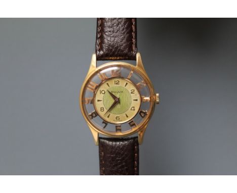 A 1950'S GENTLEMAN'S GOLD PLATED 'DULUX' WRIST WATCH, the two-tone textured dial surrounded by skeleton numerals, crystal bac
