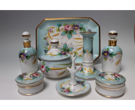 A 19TH CENTURY PORCELAIN DRESSING TABLE SET, hand painted with brightly coloured flowers on a sky blue background, comprising