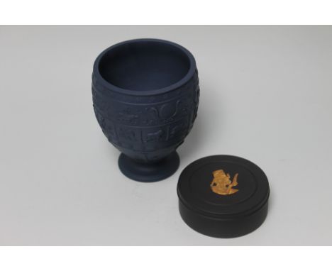 A WEDGWOOD DARK BLUE JASPERWARE EGYPTIAN CANOPIC JAR, together with a lidded black jasperware Egyptian lidded trinket with go