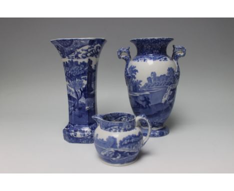 THREE PIECES OF 'COPELAND SPODE' ITALIAN PATTERN, comprising an urn vase, H 22 cm, a square form trumpet vase, H 22 cm, and a