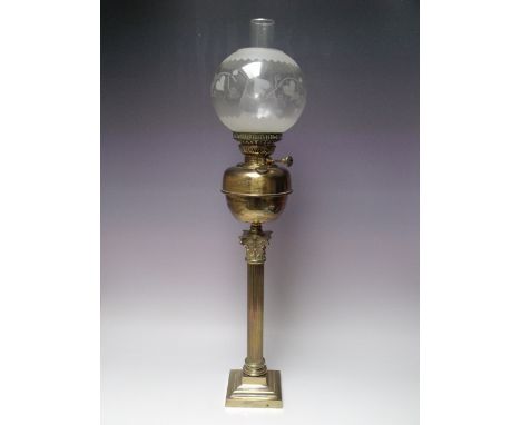 A TALL CORINTHIAN COLUMN BRASS OIL LAMP, square stepped base, brass reservoir, clear and frosted glass shade, overall H 86 cm