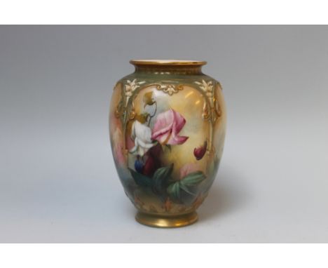 A ROYAL WORCESTER OVOID VASE, signed by A. Shuck, painted with flowers, gilt and green detailing, green printed mark to the b