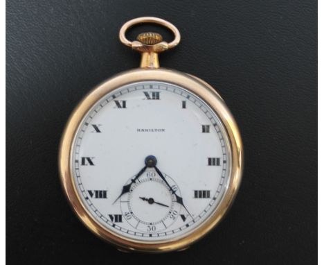 A GOLD PLATED OPEN FACE 'HAMILTON' POCKET WATCH, white enamel dial with black Roman numeral markers, subsidiary seconds dial 