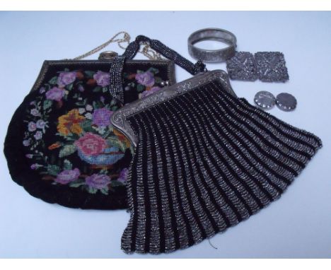 TWO LADIES VINTAGE EVENING BAGS, comprising a tapestry example, and a Deco style example with metal bead decoration to the bo