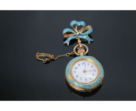 AN 18CT GOLD LADIES BLUE ENAMEL AND DIAMOND MANUAL WIND FOB WATCH, having white enamel dial, Arabic Numeral hour markers, sec