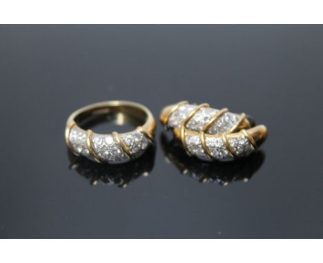 A 18CT GOLD PAVE STYLE DIAMOND RING WITH MATCHING EARRINGS, the ring being set with 10 diamonds totaling approx 0.63ct, ring 