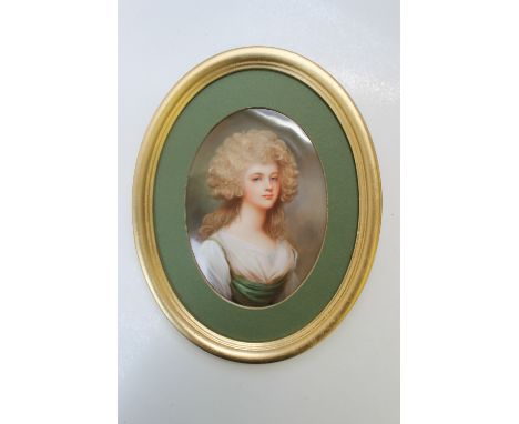 A 19TH CENTURY OVAL 'BERLIN' TYPE PORTRAIT PLAQUE, signed 'H. Weigel', depicting a young woman with blonde hair, in 18th cent