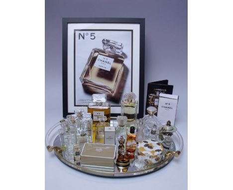 A COLLECTION OF LALIQUE AND CHANEL No 5 PERFUME BOTTLES, to include a large Chanel No 5 display bottle and a Lalique Fact Ice