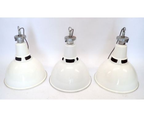 Three industrial metal light fittings in white by Benjamin 'Saaflux' 43cm diameter, 53cm tall 
