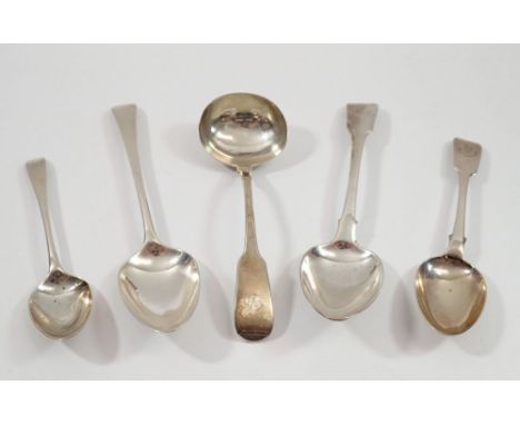 A group of Georgian silver to include two tablespoons, two dessert spoons and a sauce ladle, 131g 
