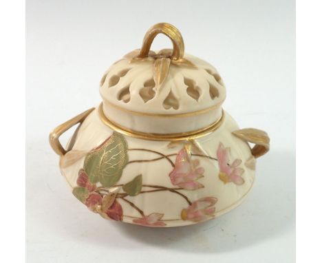 A Royal Worcester ivory blush pot pouri vase and cover with inner lid, painted flowers in the Aesthetic Style, 9.5cm tall 