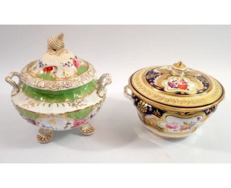 An early 19th century sucrier with shell finial painted flowers with green and gilt borders and another painted flowers on a 