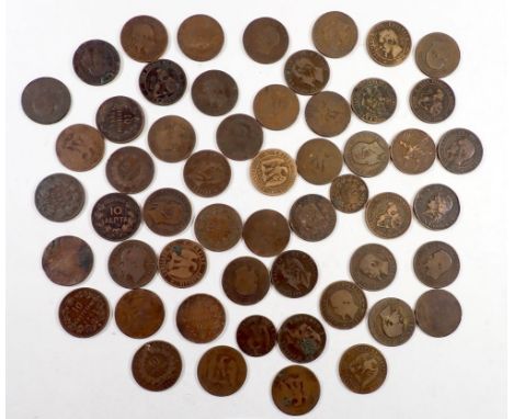 A 19th Century copper bronze coin group including France, Italy, Spain etc, Napoleon III, Vittorio Emanuele II, Alfonso XII, 