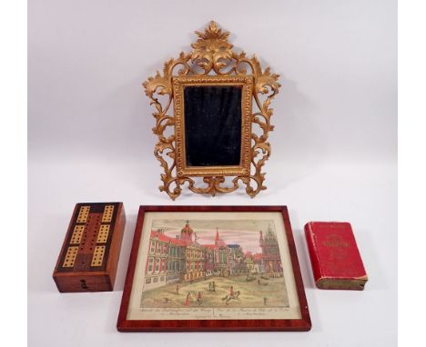 A gilt framed scrollwork mirror, cribbage board, Lexicon, print etc. 