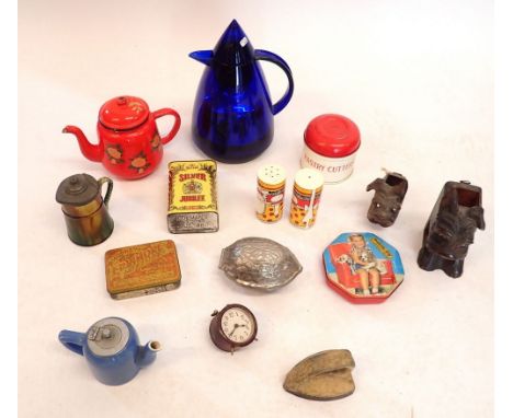 A box of vintage kitchenware and collectables including Emsa flask 