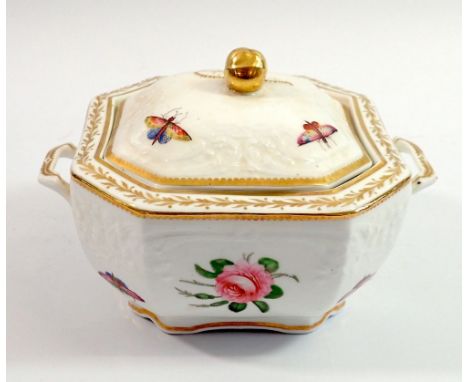 A Spode 'Felspar Porcelain' sucrier painted butterflies and roses with pear finial 
