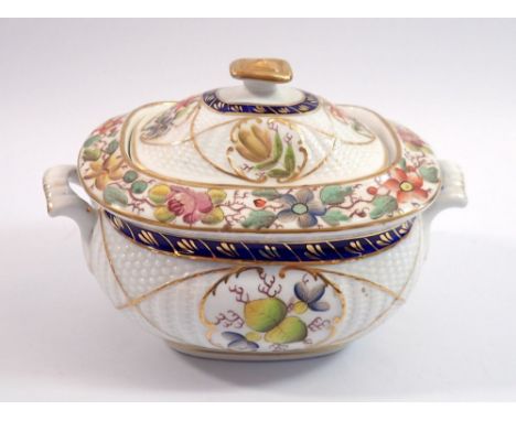 An early 19th century Newhall sucrier with floral painted decoration on moulded basket weave ground 